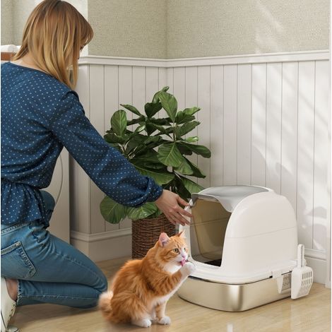 Lettiera per gatti in acciaio inox con coperchio, 52,4 x 41,3 x 42 cm, bianca OKMYHOME (1/5)