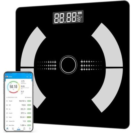Pèse personne de salle de bain, Balance Pese Personne, Balance Connectée Pèse Personne Impédancemètre, Balance Impedancemetre avec 12 Données Corporelles (BMI/Graisse Corporelle/Masse Osseuse/BMR/Musc