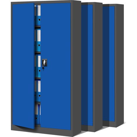 3er Set Aktenschrank C001 Metallschrank Stahlschrank Werkzeugschrank Büroschrank Lagerschrank Universalschrank Pulverbeschichtung Flügeltüren 185 cm x 90 cm x 40 cm (anthrazit/blau)