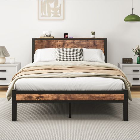 Cama 140x200 cm de metal y madera marrón vintage con almacenaje FloraGrace (1/5)