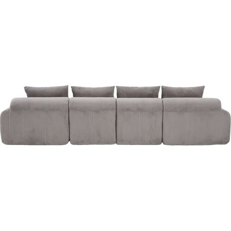 Sofá modular de 4 plazas en pana gris claro con 2 pufs, portavasos y bolsillo lateral (1/5)