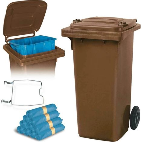 BRB 120 Liter Mülltonne mit Halter für Müllsäcke, inkl. 250 Müllsäcke (braun)