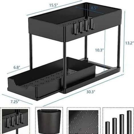 Étagère de rangement sous évier avec tiroir coulissant Multifonction pour cuisine, salle de bain Étagère fine à 2 niveaux avec crochets (noir, 1) (1/5)