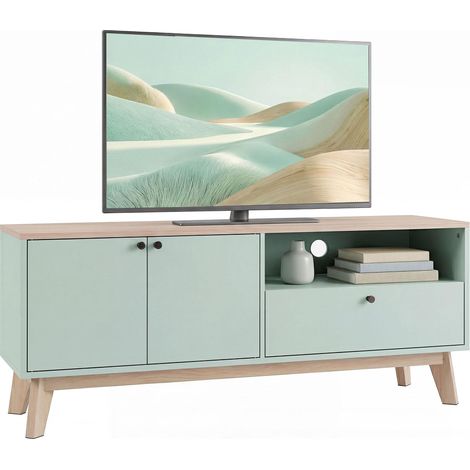 Meuble TV 120 cm, meuble télé pour téléviseur jusqu'à 36 pouces avec 2 portes, tiroir, compartiment ouvert, vert clair