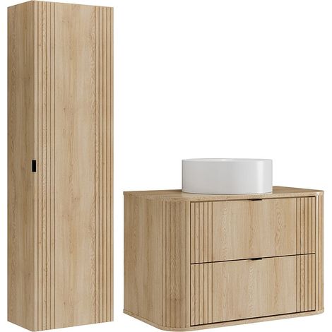 Meuble de salle de bain suspendu avec vasque à poser ronde et colonne - Naturel clair - 80 cm - FILOR (1/4)
