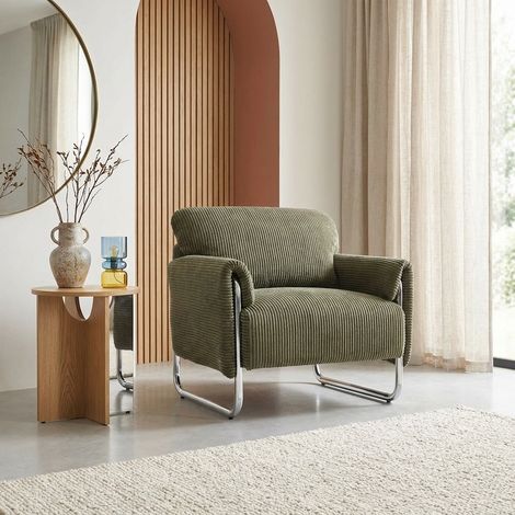 Fauteuil vintage velours côtelé armature chromée kaki - Vintage (1/5)