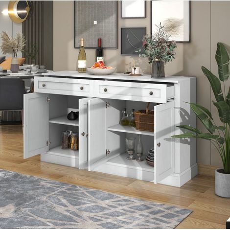 Credenza da soggiorno bianco chiaro con 4 ante e 2 cassetti, mobile contenitore per sala da pranzo e soggiorno, 150x40x86 cm (1/5)