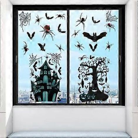 Lot de 4 autocollants pour fenêtres d'Halloween, amovibles, en verre, pour décorations de fête, motif château, chauve-souris et toile d'araignée (Halloween (1/5)