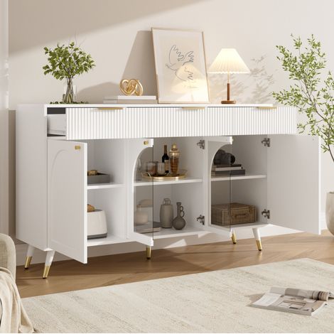 Buffet blanc 4 portes et 3 tiroirs avec panneaux en acrylique 140 x 40 x 85,5 cm OKWISH (1/5)