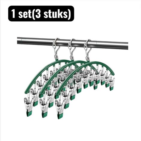 Ensemble de 3 pièces : cintre, pinces à linge, porte-chaussettes en acier inoxydable, étendoir multifonctionnel avec 10 pinces pour chaussettes, sous-vêtements et vêtements (vert). (1/5)