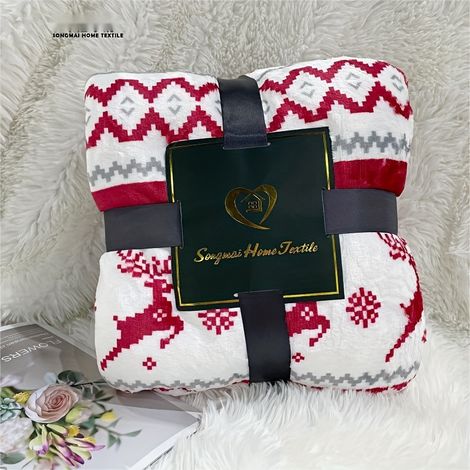 Couverture en flanelle à motif de rennes et flocons de neige, style français - Plaid double couche épais toutes saisons,Lavable pour canapé, (1/5)