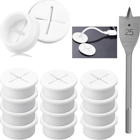 12 Pack Silicone Cable Grommet Wall Mount 25mm Flexible Cable Grommet for Desk and Wall with Drill Bit for School Office White (1/5)