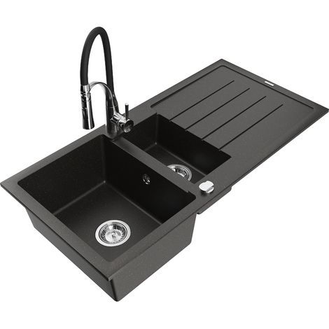 Mexen Andres Granitspüle 1,5 Becken mit Abtropffläche und Küchenarmatur Aster, schwarz/gold metallic - 6515-75-73450-07 (1/5)