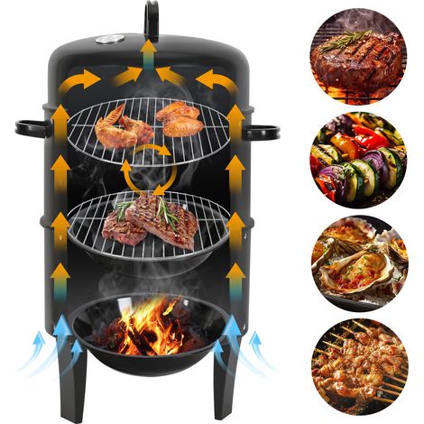 Jiubiaz Fumoir vertical Barbecue à charbon de bois BBQ Multifonctions BBQ Grill à Charbon 3 chambres Acier 40 x 80 cm (1/5)