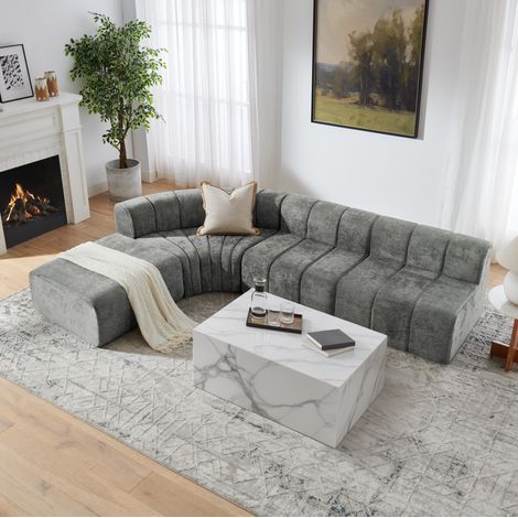 Sofá esquinero modular de 4 plazas en cincha gris, componible con módulos independientes (1/5)