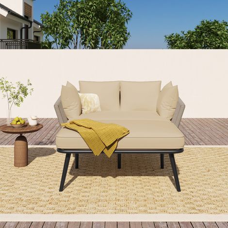 Canapé de Jardin avec 2 Coussins et 2 Matelas, Bain de Soleil Extérieur, Salon de Jardin pour Terrasse et Balcon, Coussins Déhoussables et Lavables, Kaki
