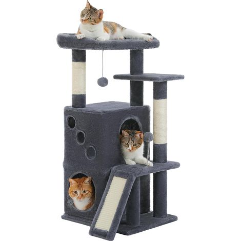 Arbre à chat de 88 cm pour chats d'appartement avec large surface de couchage supérieure, grotte privée et colonne griffeuse en sisal, tapis à gratter pour chats d'appartement, gris foncé (1/5)