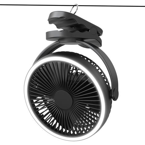 Camping-Ventilator-Clip, USB-Ventilator, 6–21 Stunden Nutzung, 4 Geschwindigkeiten mit LED-Lichtern und Zelthaken, 360°-Drehung, leiser wiederaufladbarer Tischventilator für den Außenbereich (schwarz, (1/4)