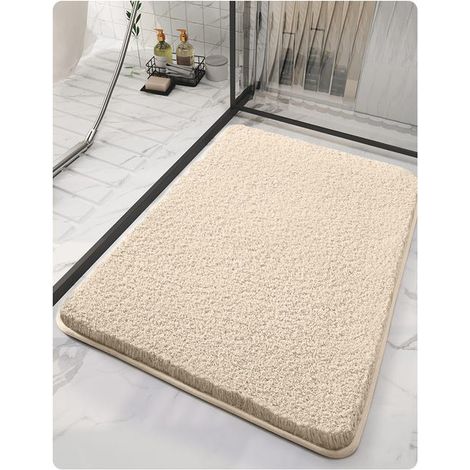 Tapis de salle de bain long en flanelle de coton épais, antidérapant et absorbant – Beige minimaliste 60 x 90 cm (1/5)