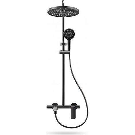 Set de douche gris pistolet en aluminium spatial - Pommeau rond 3 modes + douchette de massage (1/5)