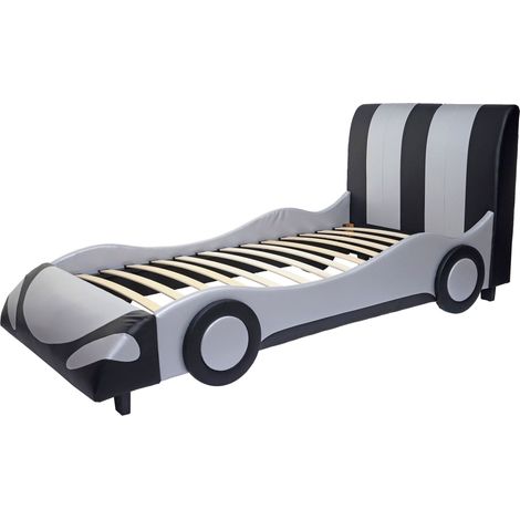 [NEUWERTIG] Bett HHG-054, Auto Junge Kinderbett Jugendbett, Lattenrost Kunstleder Holz 190x100cm schwarz-silber