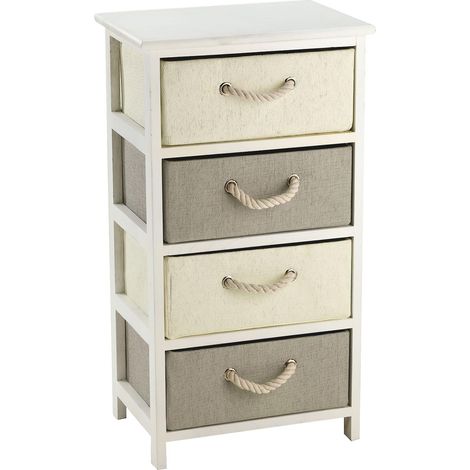 King Home Schubladenkommode aus Holz und synthetischem Raffia 40x30x74h cm 4 Schubladen weiß/sand/beige