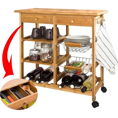Carrello Cucina Legno Bambu 2 Cassetti Portaposate Portabottiglie 4 Scomparti
