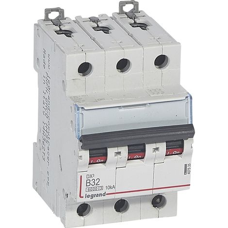 Disjoncteur DX³6000 10kA arrivée haute et départ bas à vis 3 Pôles 400V 32A courbe B 3 modules LEGRAND 407535