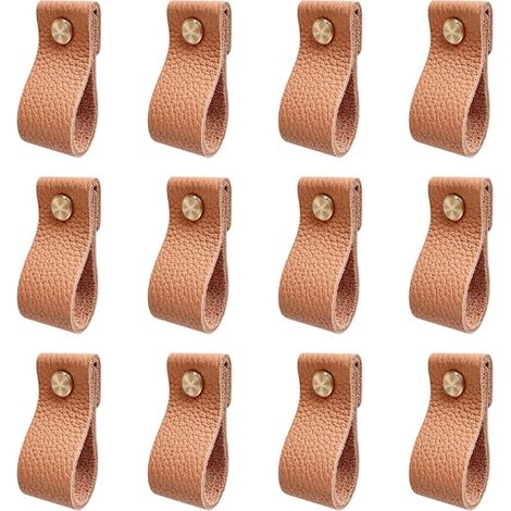 Lot de 12 poignées en cuir pour tiroirs, portes de placards et armoires, style vintage, anti-collision, avec tirettes de tiroirs en cuir.
