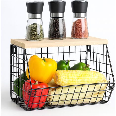 Relaxdays Wall-Mounted Fruit Basket, Storage Shelf, Hanging Kitchen Organizer, HWD 22x30x20 cm, Metal Mesh, Black/Nat. (1/5)