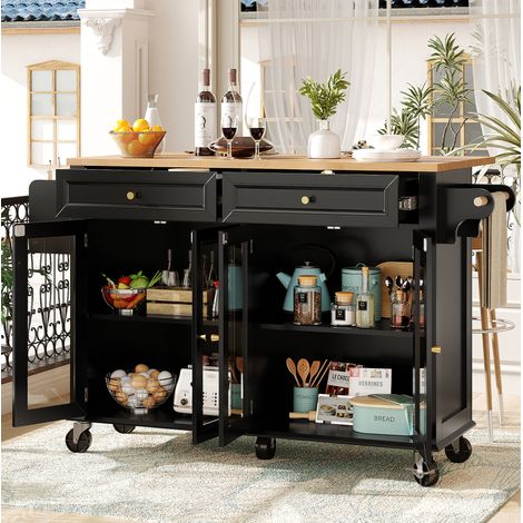 Carrito de cocina con 5 ruedas, 4 puertas vidriadas, 2 cajones, bandeja de mesa plegable, toallero, negro (1/5)