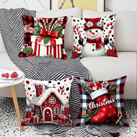 Housses de coussin de Noël 45 x 45 cm, housses de coussin de canapé décoration de Noël, 4 pièces de taies d'oreiller en peluche en lin.