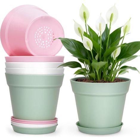 6 Pièces 15CM Pots Plastique Plantes Petite, Cache Pot Interieur Exterieur, Pot de Fleur Décoratifs Modernes, avec Plateaux et Trou de Drainage, pour Semis, Succulentes, Herbes -Multicolore (1/5)