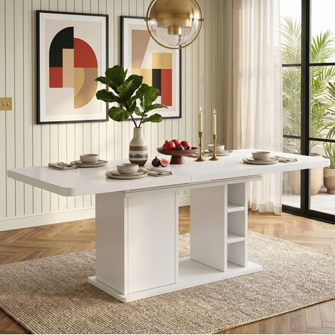 Mesa de comedor extensible de 140/180 cm, con capacidad para 6 a 8 personas, con espacio de almacenamiento, estilo escandinavo, MDF blanco (1/5)