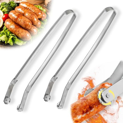 Lot de 2 pinces à saucisses BBQ pour griller et retourner, Nouvelles pinces de cuisine BBQ en acier inoxydable à long manche, pinces de cuisson à long manche pour retourner le bacon, steak