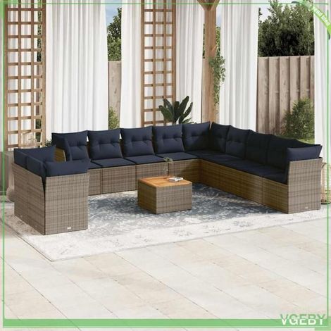 Salon de jardin - 3256061 - Résine tressée gris - Coussins bleu marine déhoussables - Table acacia (1/5)