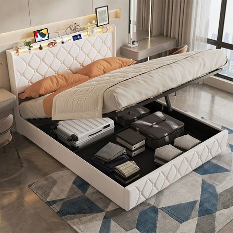 Lit coffre 160x200 cm avec sommier à lattes - cadre de lit double adulte avec éclairage led rgb et station de recharge usb type-c - tissu rembourré ，blanc (1/5)