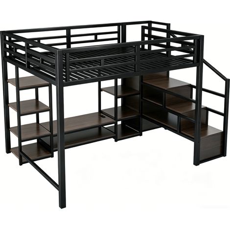 Letto a soppalco 140 x 200 cm nero con supporto TV, presa e scala di sicurezza HOMVRA (1/5)