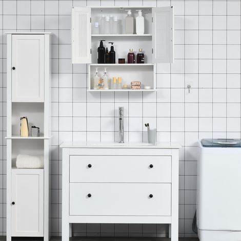 Wandmontierter Badezimmerschrank, multifunktionaler, platzsparender Schrank mit 2 Türen und unterem Ablagefach, weiß, 60 x 20 x 70 cm