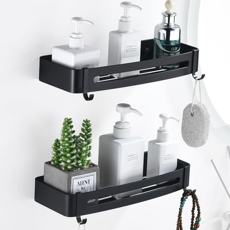 Lot de 2 Etagere Douche Noir , Étagère Rangement Douche avec 4 Crochets Etagere Salle de Bain sans Percage Serviteur de Douche en Métal pour (1/5)