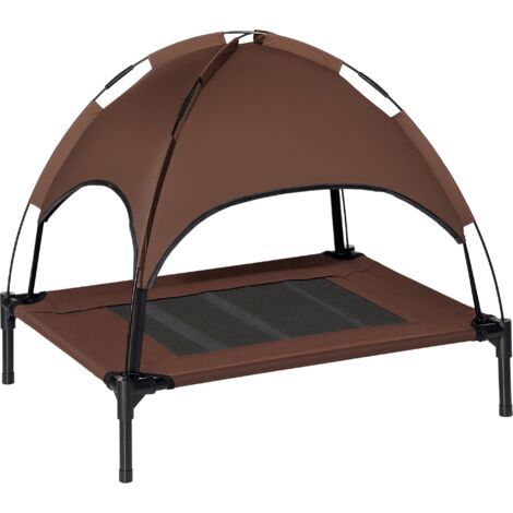 Pair Lit surélevé pour chien PawHut avec auvent, couchage pour animaux, chaise longue d'extérieur avec toit, respirant, en taffetas, couleur café, 76 x 61 x 73 cm (1/5)