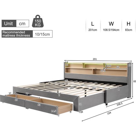 Lit Daybed 90x200 cm, canapé-lit extensible 180 cm, avec 2 tiroirs de rangement, velours gris, éclairage LED et port USB, sofa convertible à coucher quotidien. (1/5)