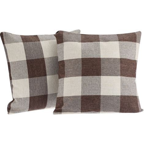 Housse De Coussin - Coton Lin Naturel - Motif À Carreaux Marron Et Beige - Pour Canapé Et Décoration Intérieure - Lot De 2 (1/5)