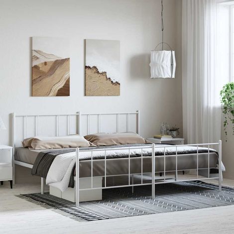 Cadre de lit métal sans matelas et pied de lit blanc 193x203 cm (1/5)
