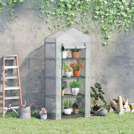 Serre de jardin PE avec étagères 4 niveaux, serre de balcon, bâche renforcée 140 /m², châssis en acier, porte zippée enroulable, pour légumes plantes, intérieur extérieur, 70x50x160cm, blanc (1/5)