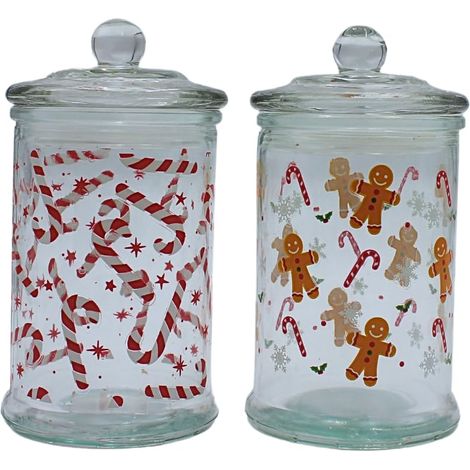 Boîte aromatique, boîte de conservation, récipient en verre avec motif de Noël, boîte à biscuits avec motif pain d'épices et sucre d'orge, H x Ø : 15 x 8 cm, capacité : 300 ml par verre, (1/5)