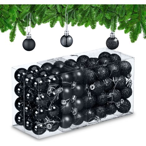 Relaxdays Weihnachtskugeln 96er Set, glitzernde, matte & glänzende Baumkugeln, Weihnachtsbaumdeko, Kunststoff, schwarz