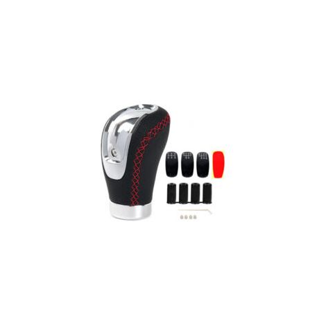 Universeller Schaltknauf aus Leder mit 4 Adaptern und 3 Ersatzkappen, passend für 8-mm-, 10-mm- und 12-mm-Schaltgetriebe (rote Linie). – Crezuo