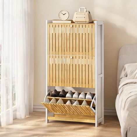 Meuble à chaussures en bambou blanc 3 tiroirs 60 x 24 x 118 cm (1/5)