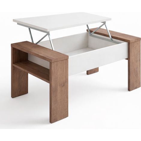 Tavolino Da Salotto Trasformabile Con Piano Sollevabile E Vano Contenitore Tavolo Contenitore Moderno Per Living Soggiorno Smart Working 98 x 50 x 43 cm Colore Bianco E Noce